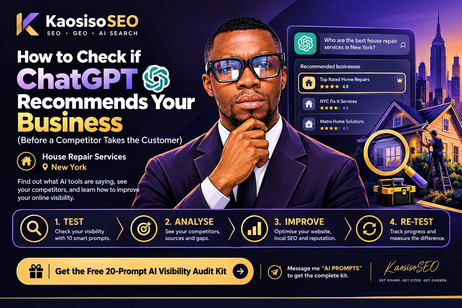 KaosisoSEO infographic showing how New York house repair businesses can check their visibility in AI recommendations.
